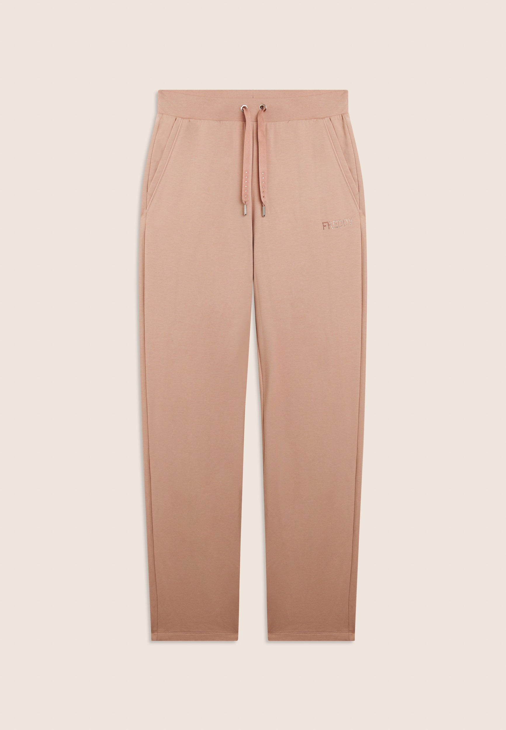 Freddy Pantalone Pantaloni Sportivi con gamba Dritta e strass Beige