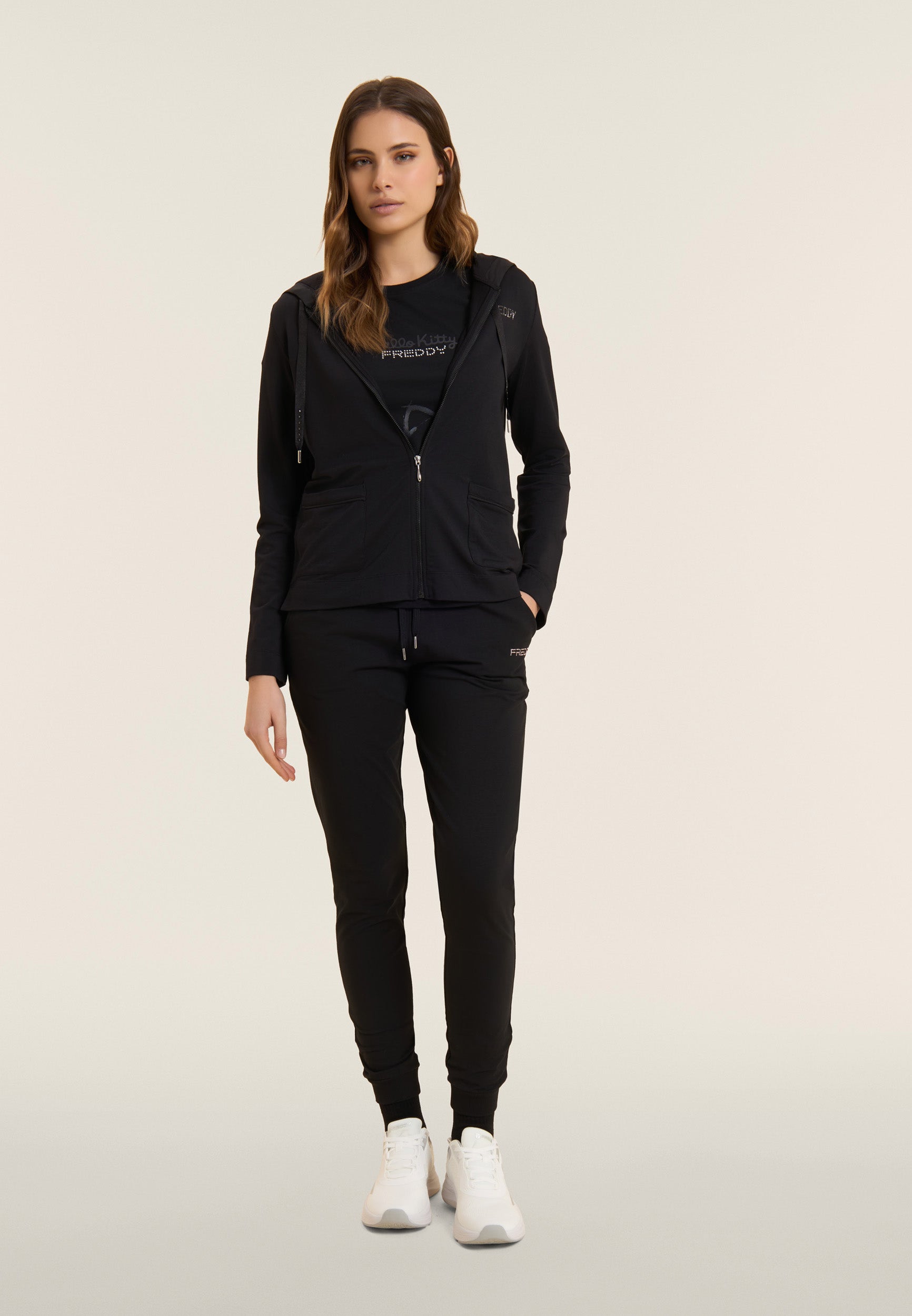 Freddy Pantalone Sportivo con Polsini in Costina e Strass Nero