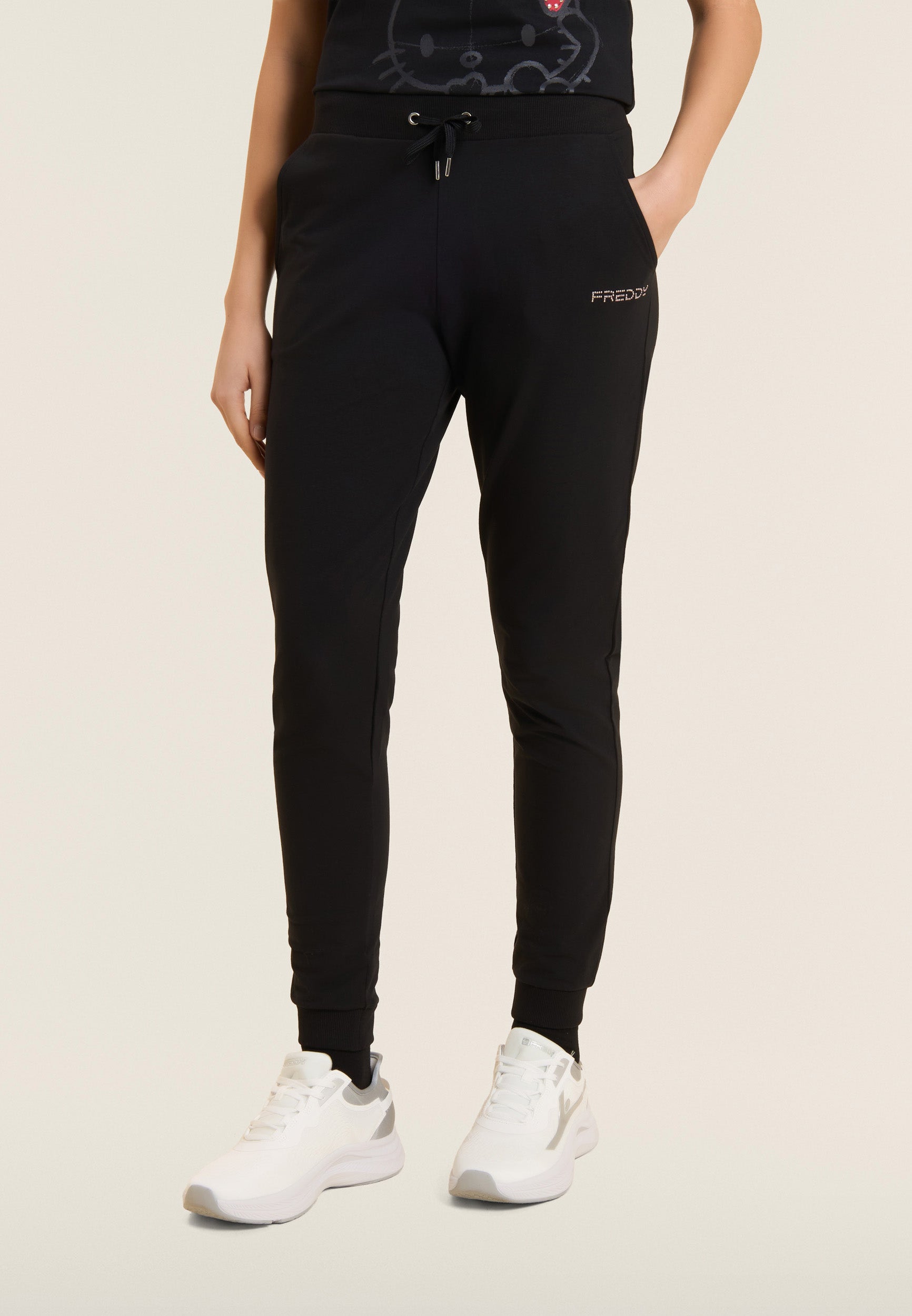 Freddy Pantalone Sportivo con Polsini in Costina e Strass Nero