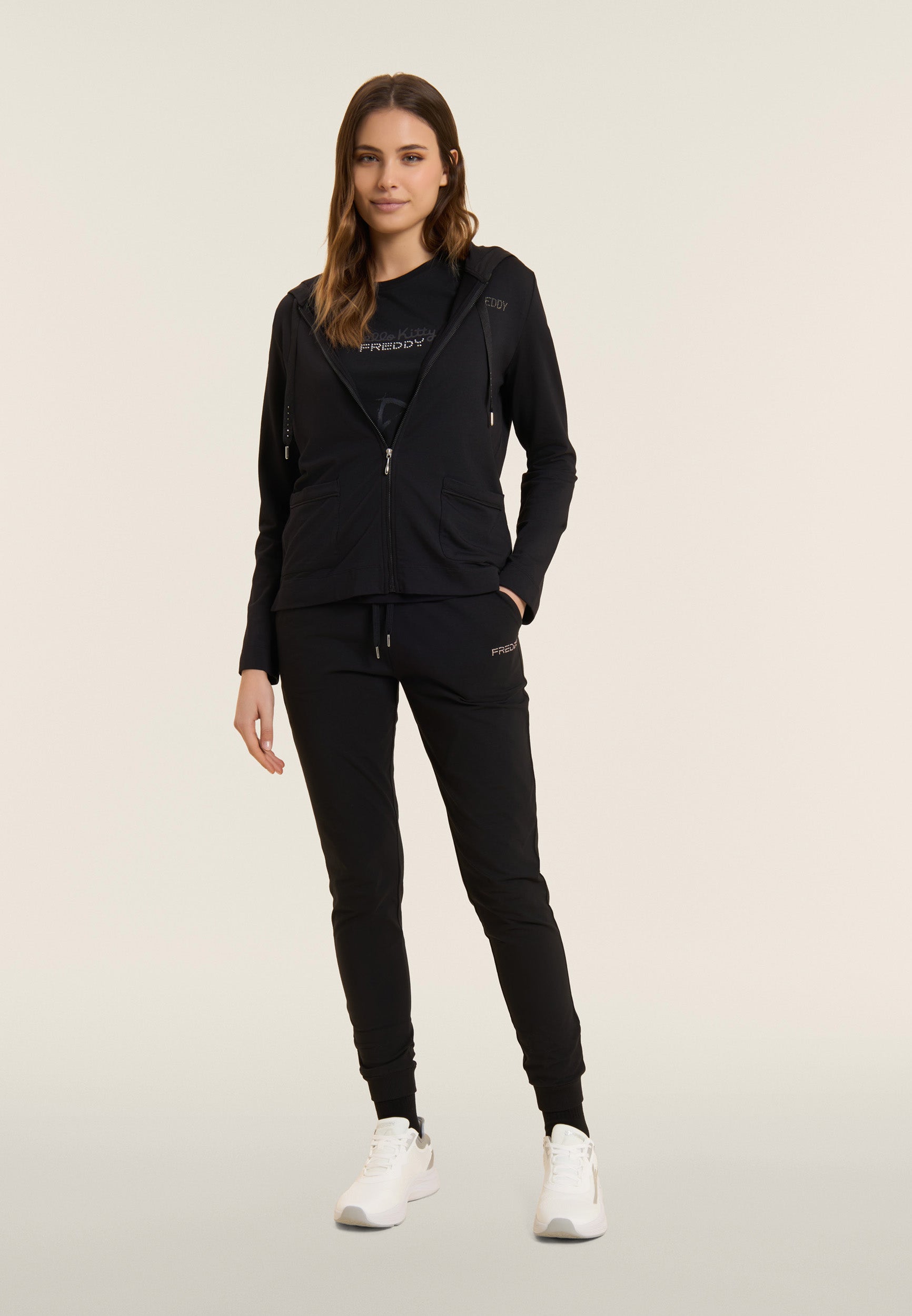 Freddy Pantalone Sportivo con Polsini in Costina e Strass Nero