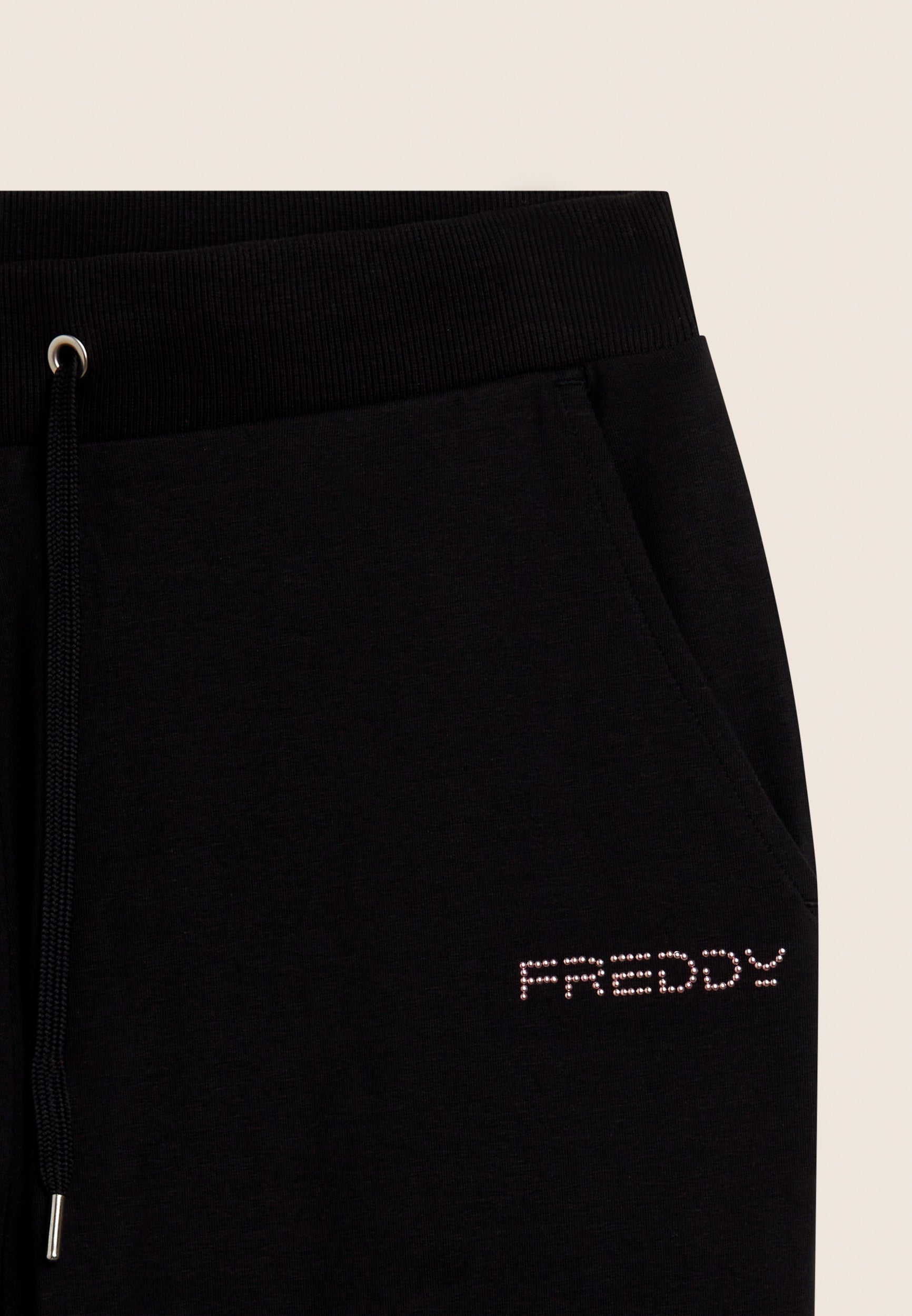 Freddy Pantalone Sportivo con Polsini in Costina e Strass Nero