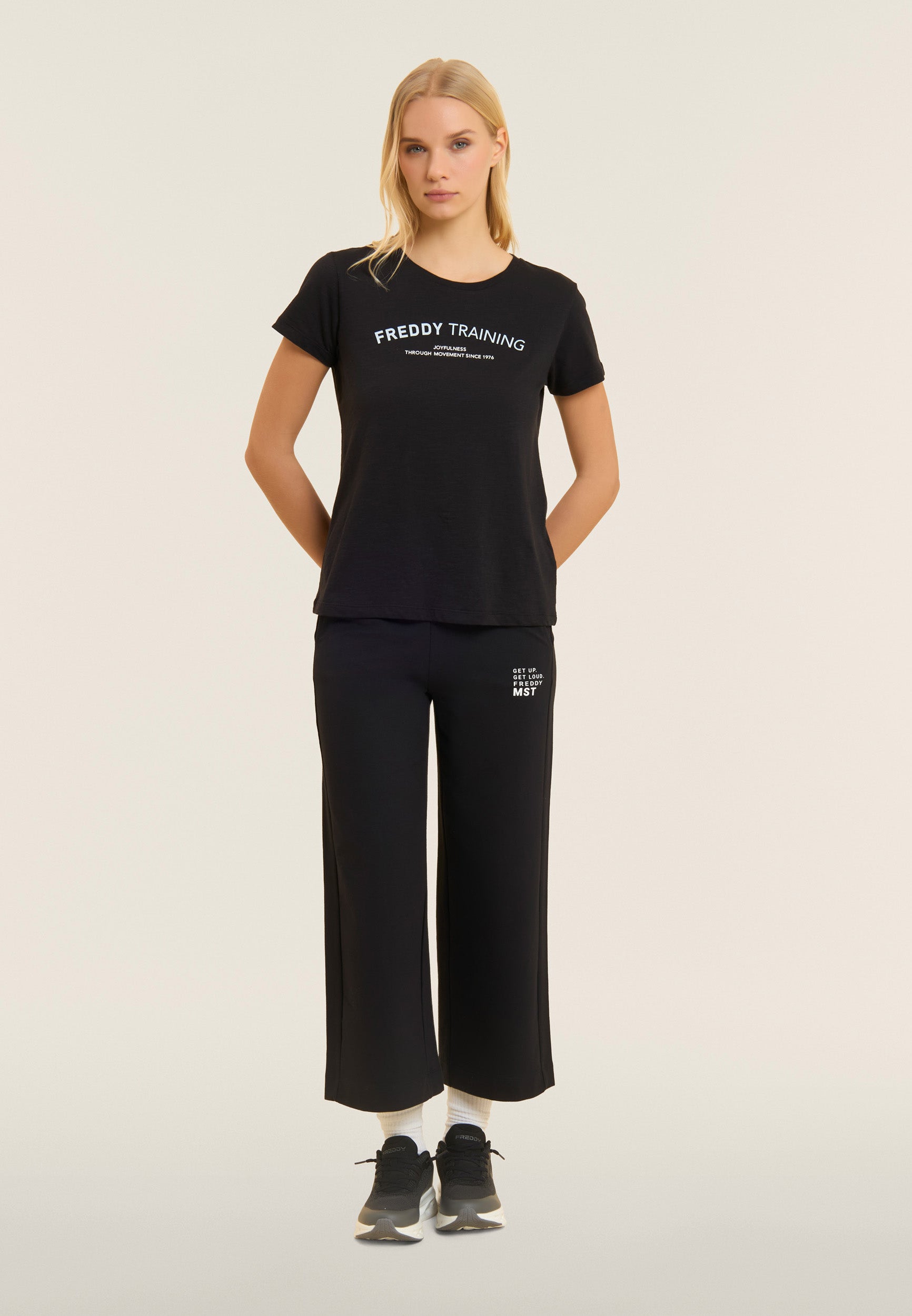 Freddy Pantalone Sportivo Wide Leg Cropped MST Nero