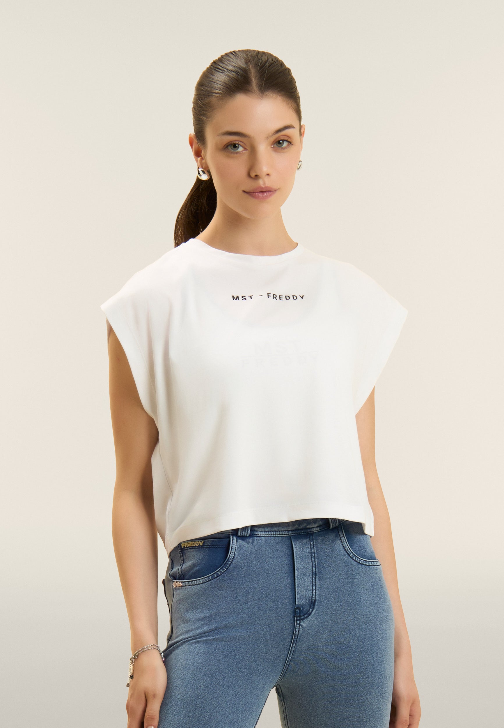 Freddy T-Shirt Cropped con Stampe Bianco