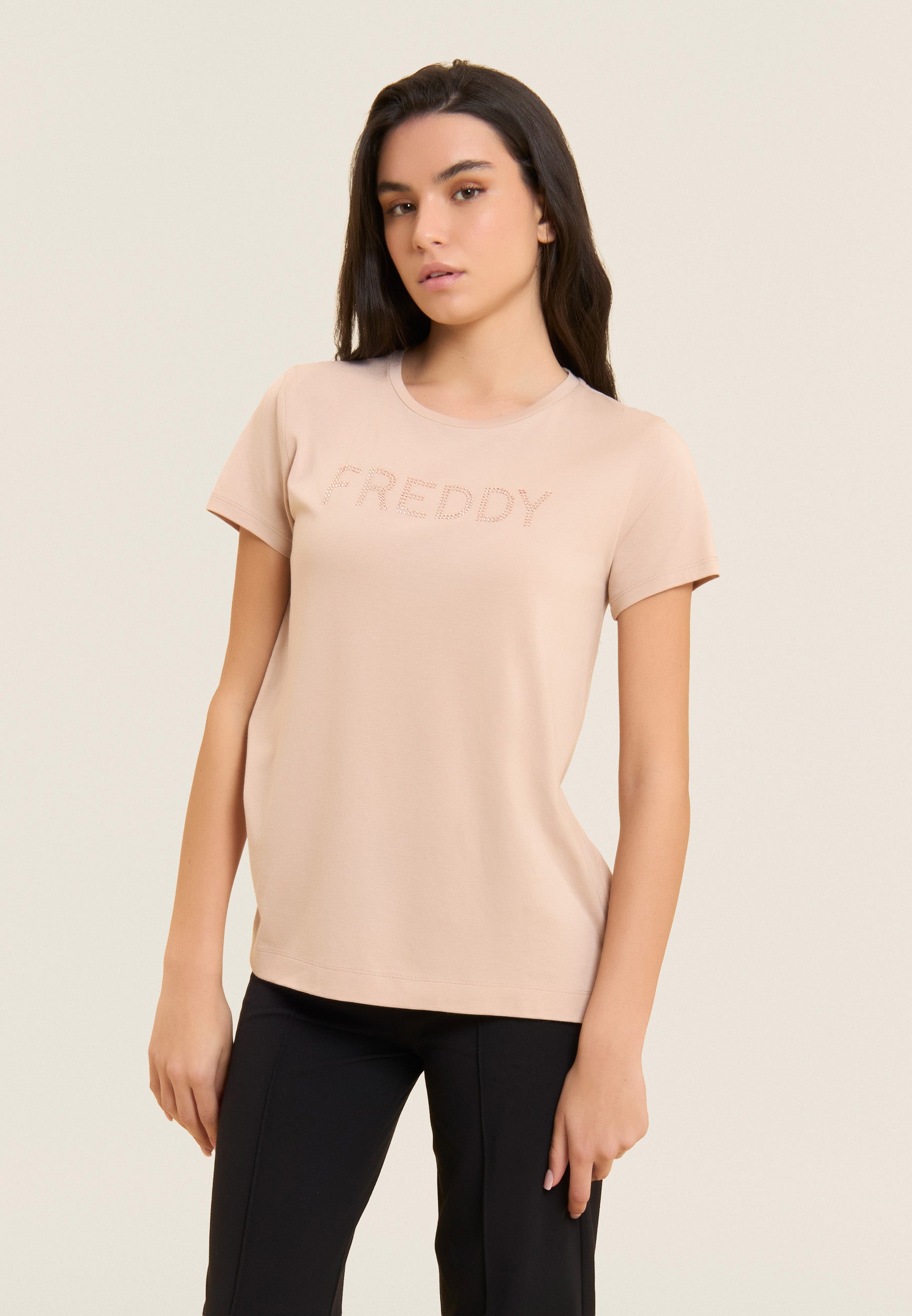 Freddy T-shirt in Misto Modal con Logo in Strass Beige