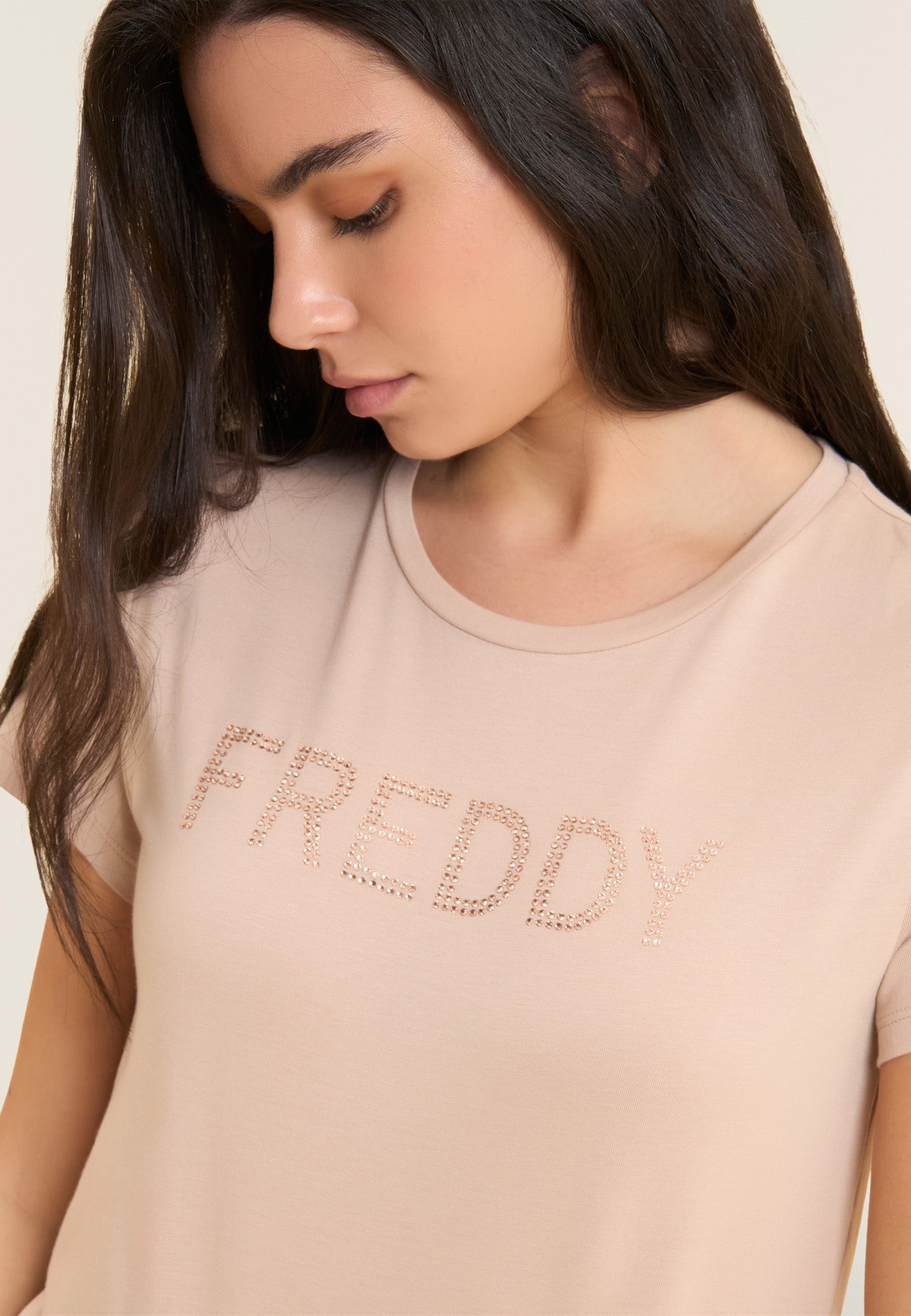 Freddy T-shirt in Misto Modal con Logo in Strass Beige