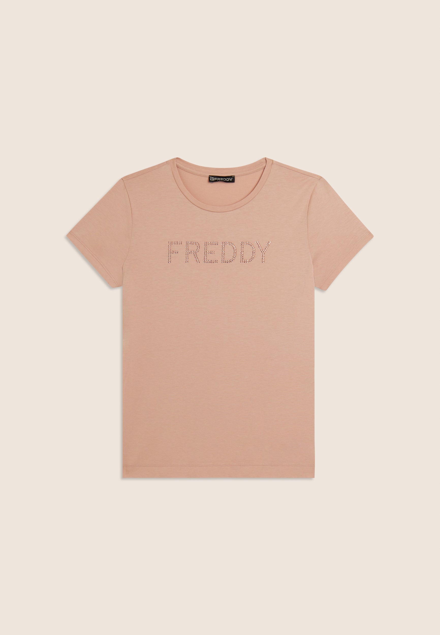Freddy T-shirt in Misto Modal con Logo in Strass Beige
