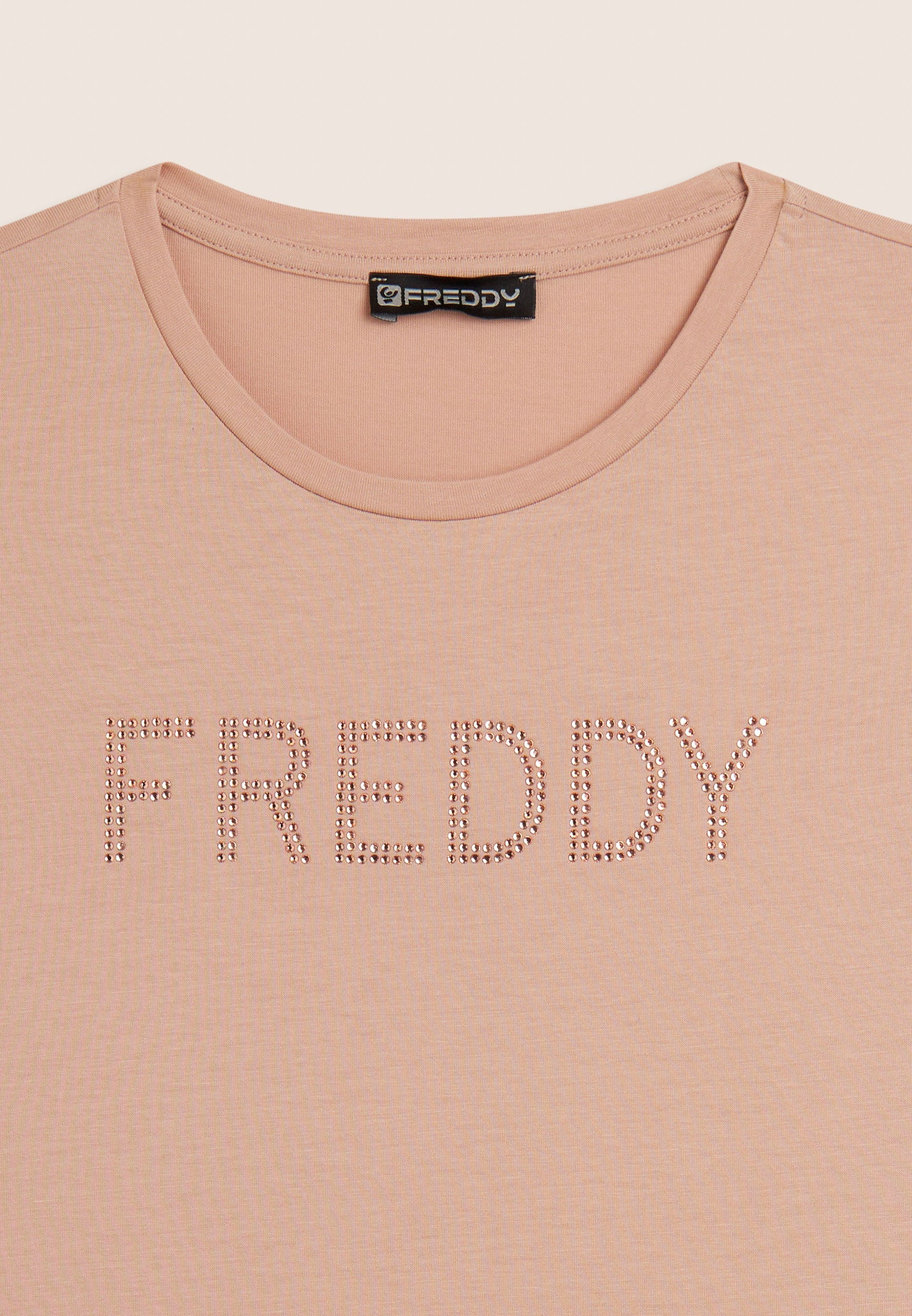 Freddy T-shirt in Misto Modal con Logo in Strass Beige