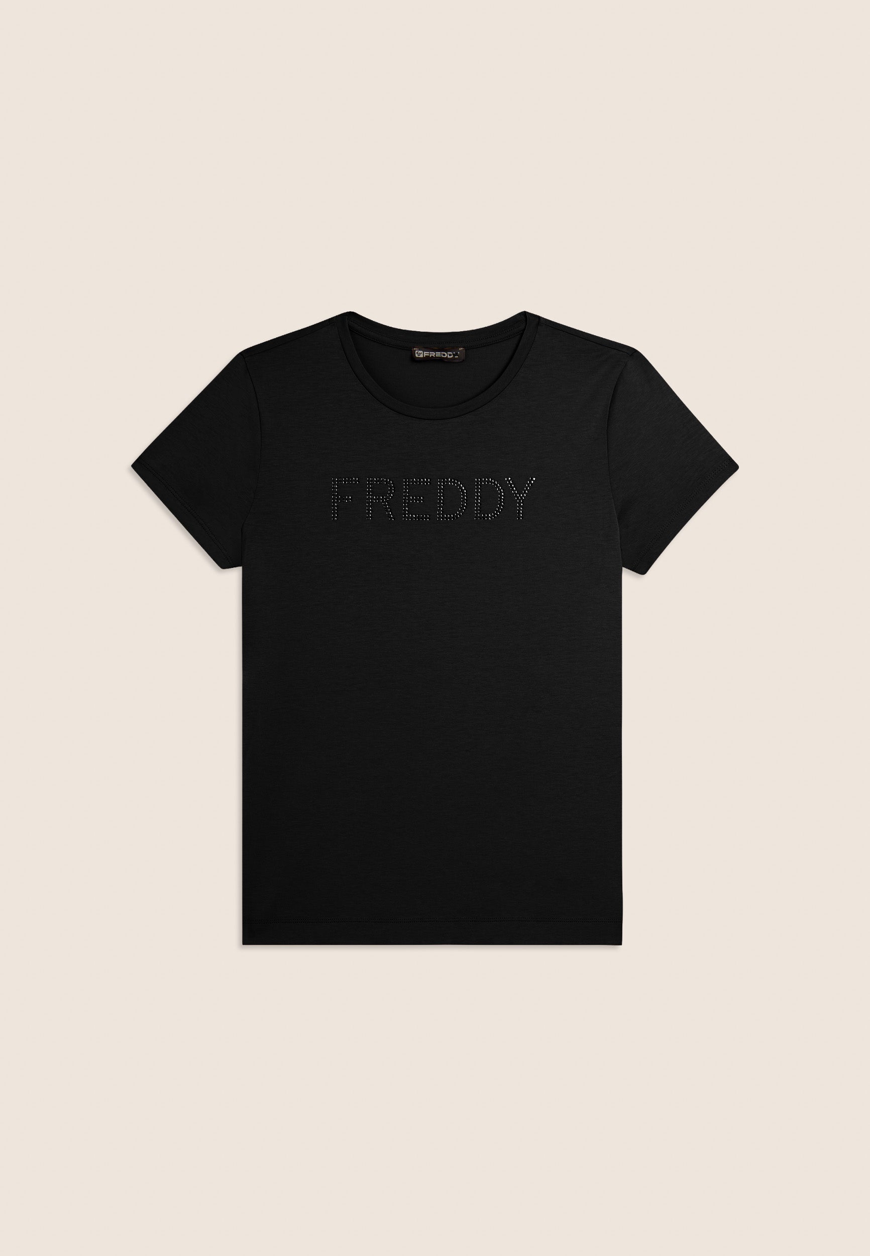Freddy T-Shirt in Misto Modal con Logo Strass Nero