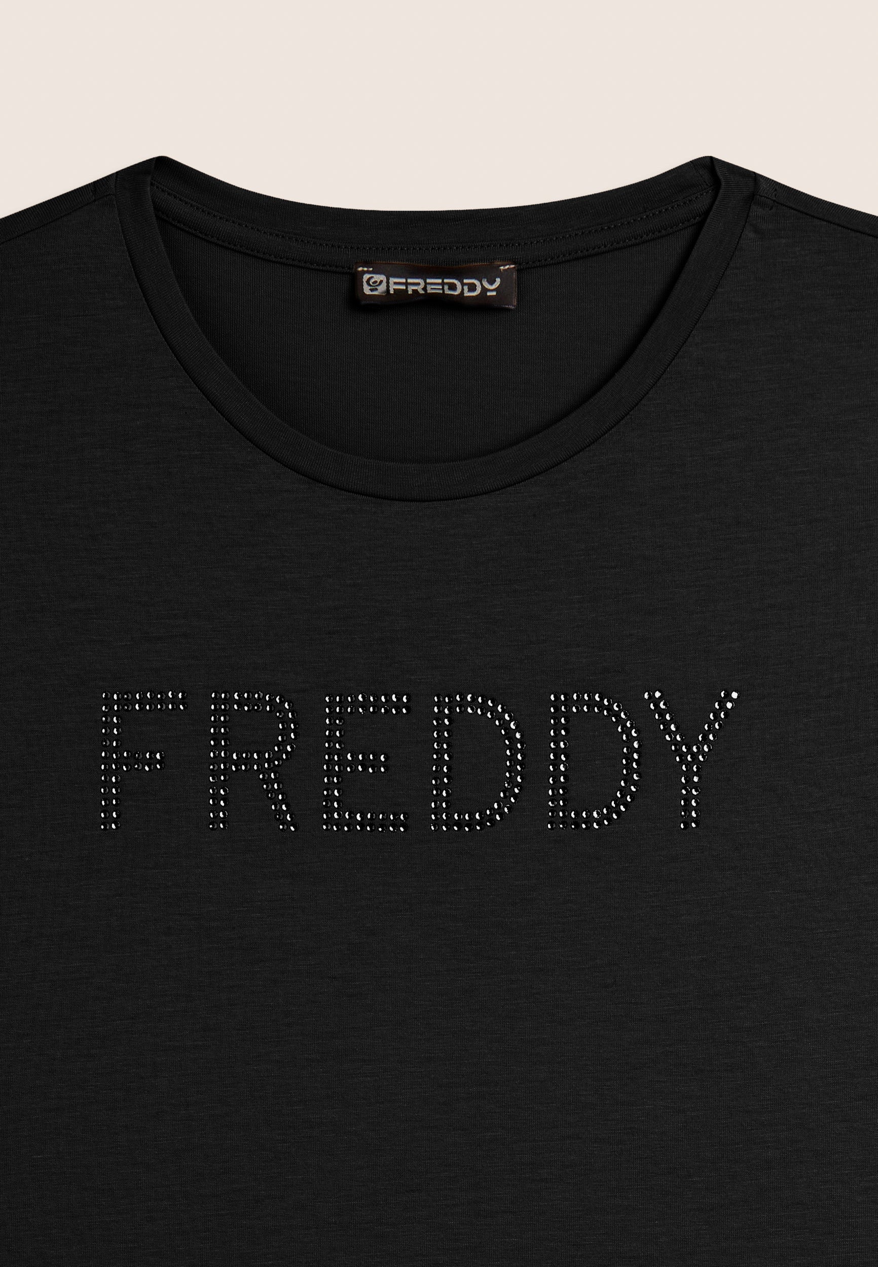 Freddy T-Shirt in Misto Modal con Logo Strass Nero