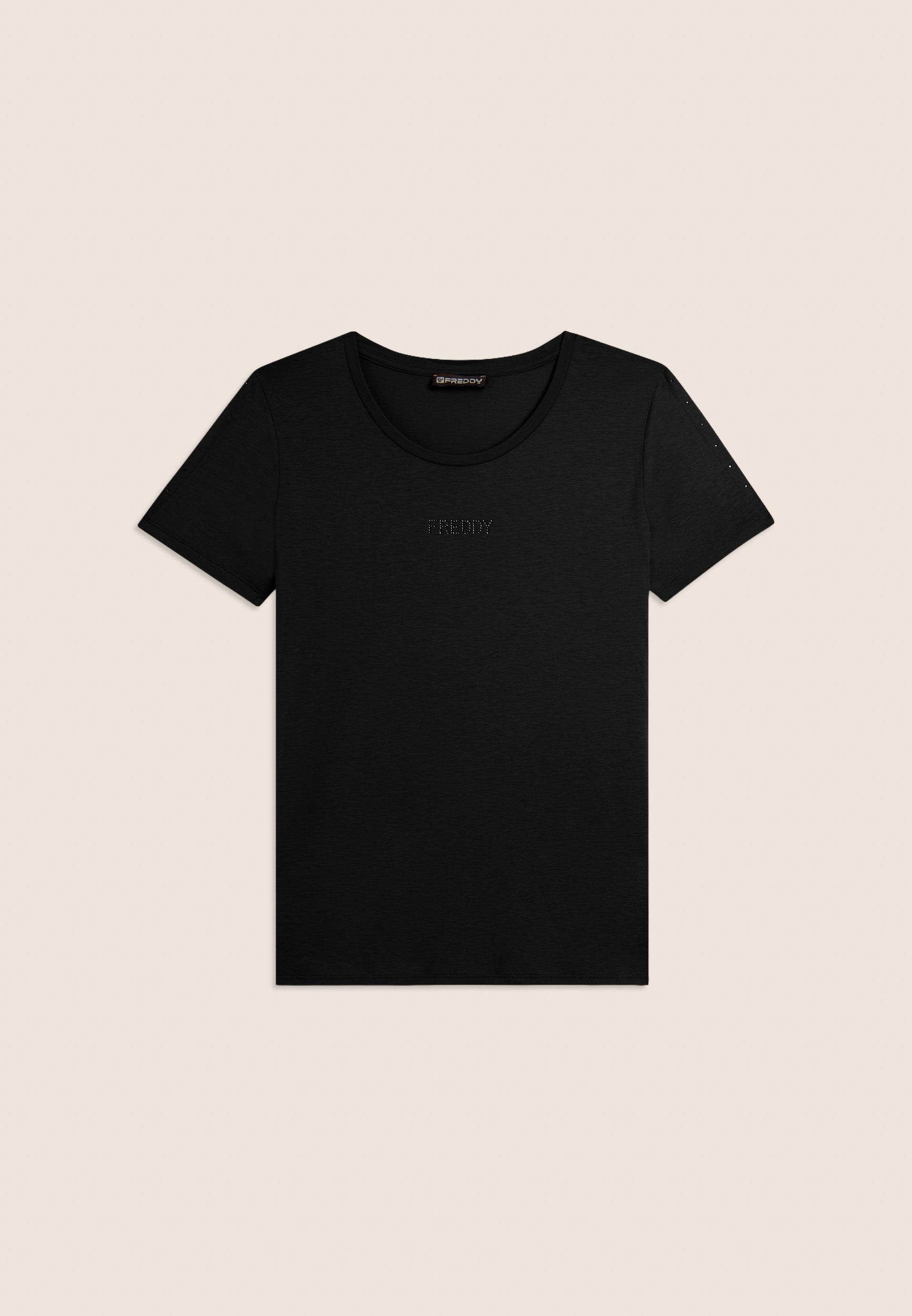 Freddy T-shirt Manica Corta con Cut-Out e Strass Nero