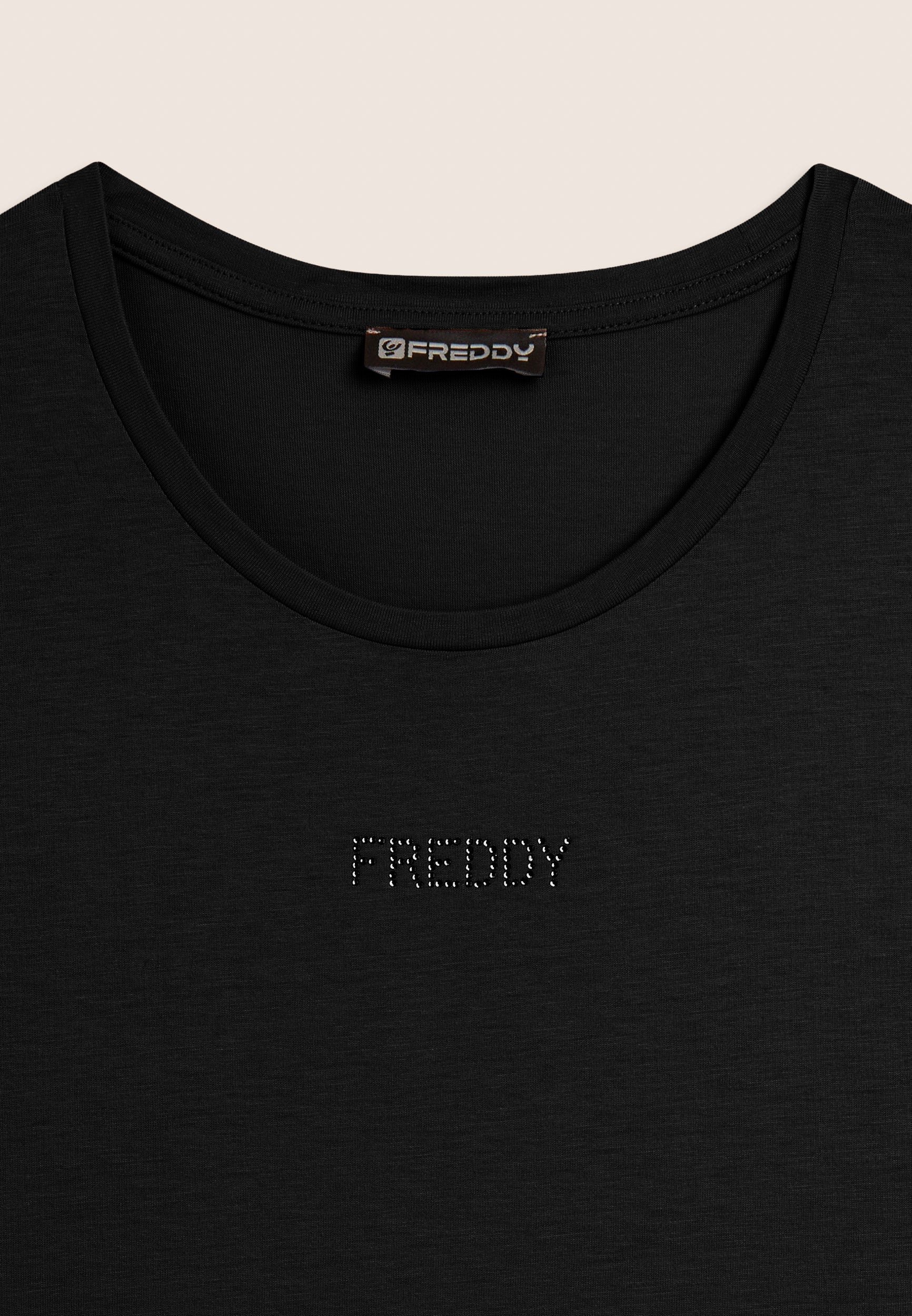 Freddy T-shirt Manica Corta con Cut-Out e Strass Nero