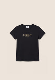T-Shirt Regular con Logo Stampato Oro e Borchie