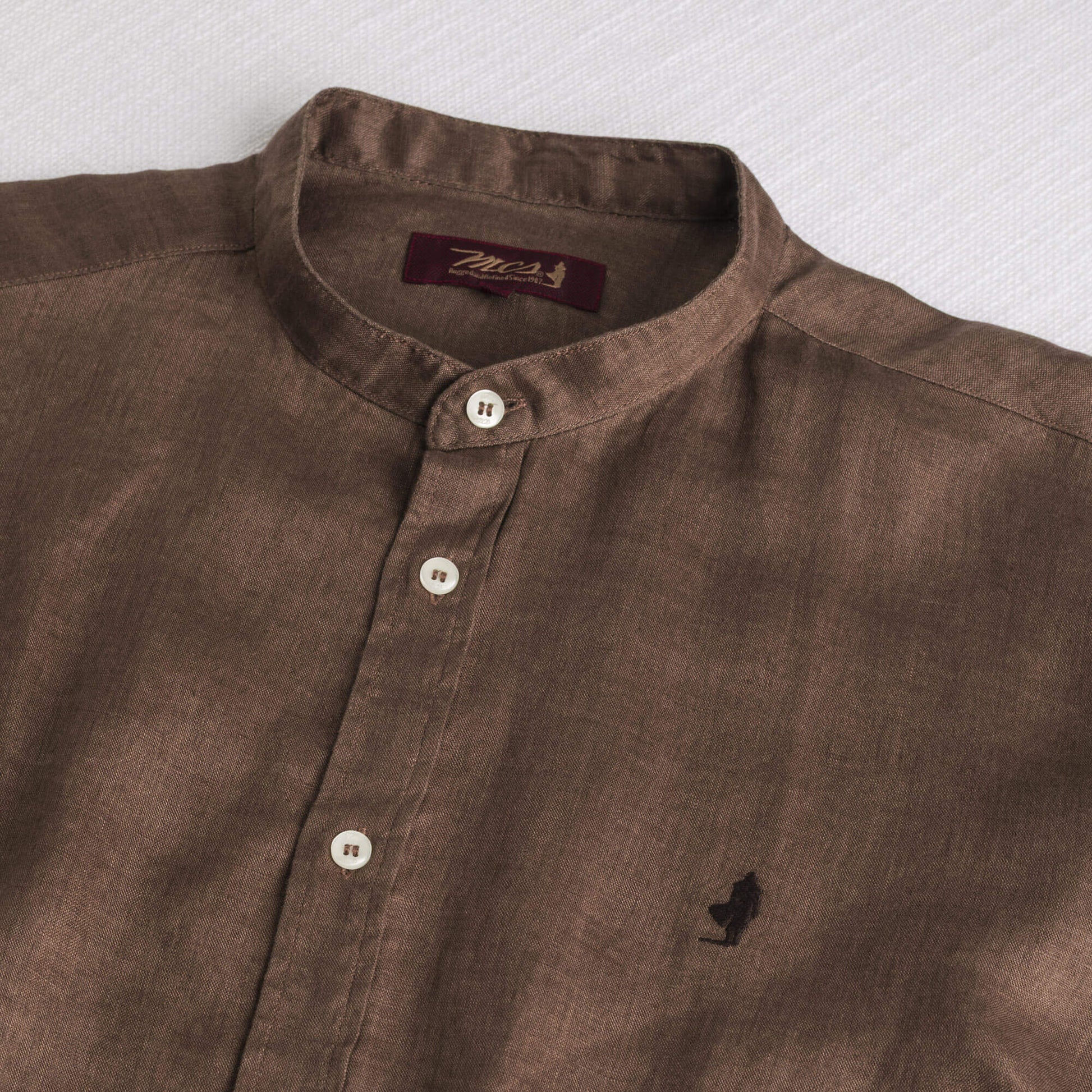 MCS Camicia 100% lino con collo alla coreana Marrone