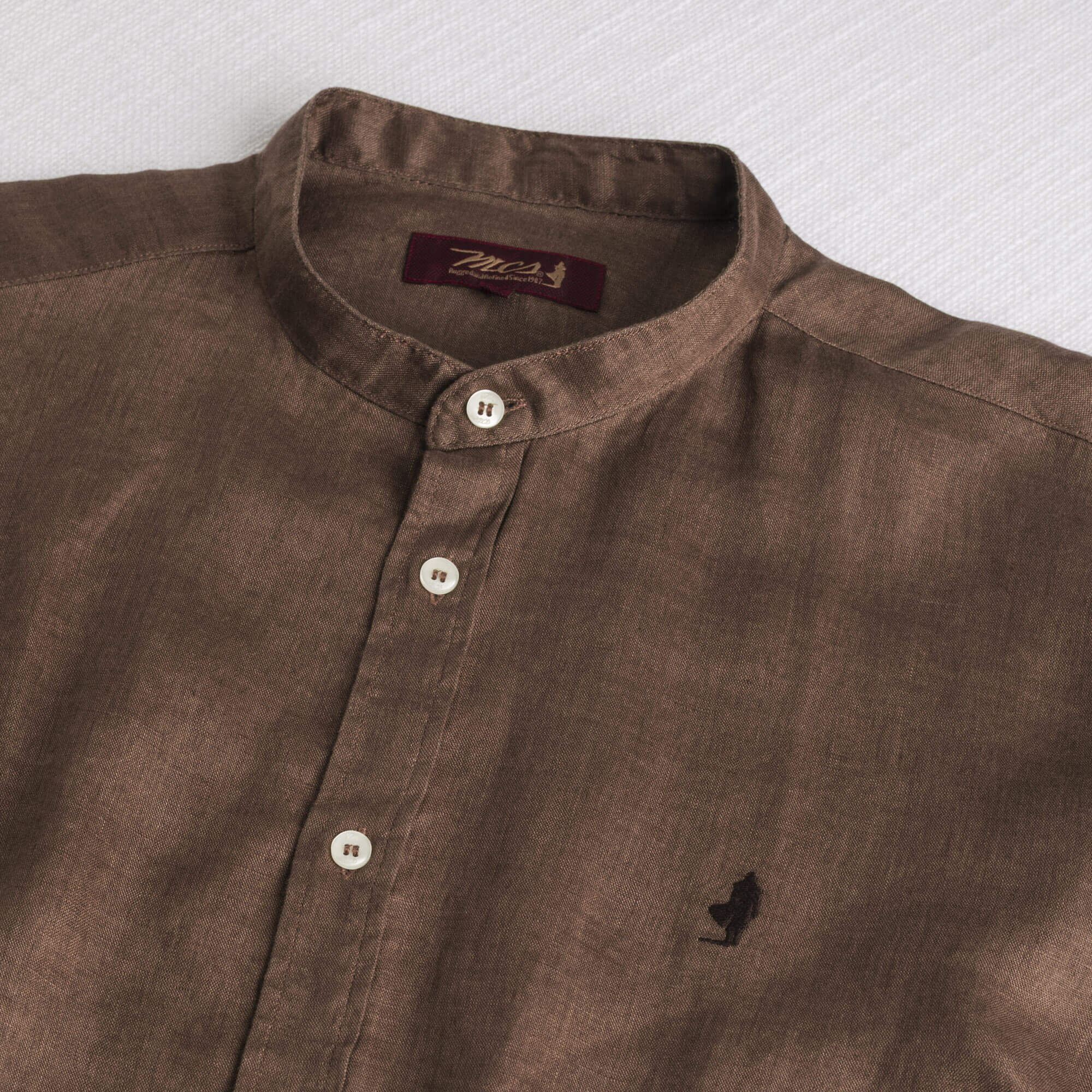 MCS Camicia 100% lino con collo alla coreana Marrone
