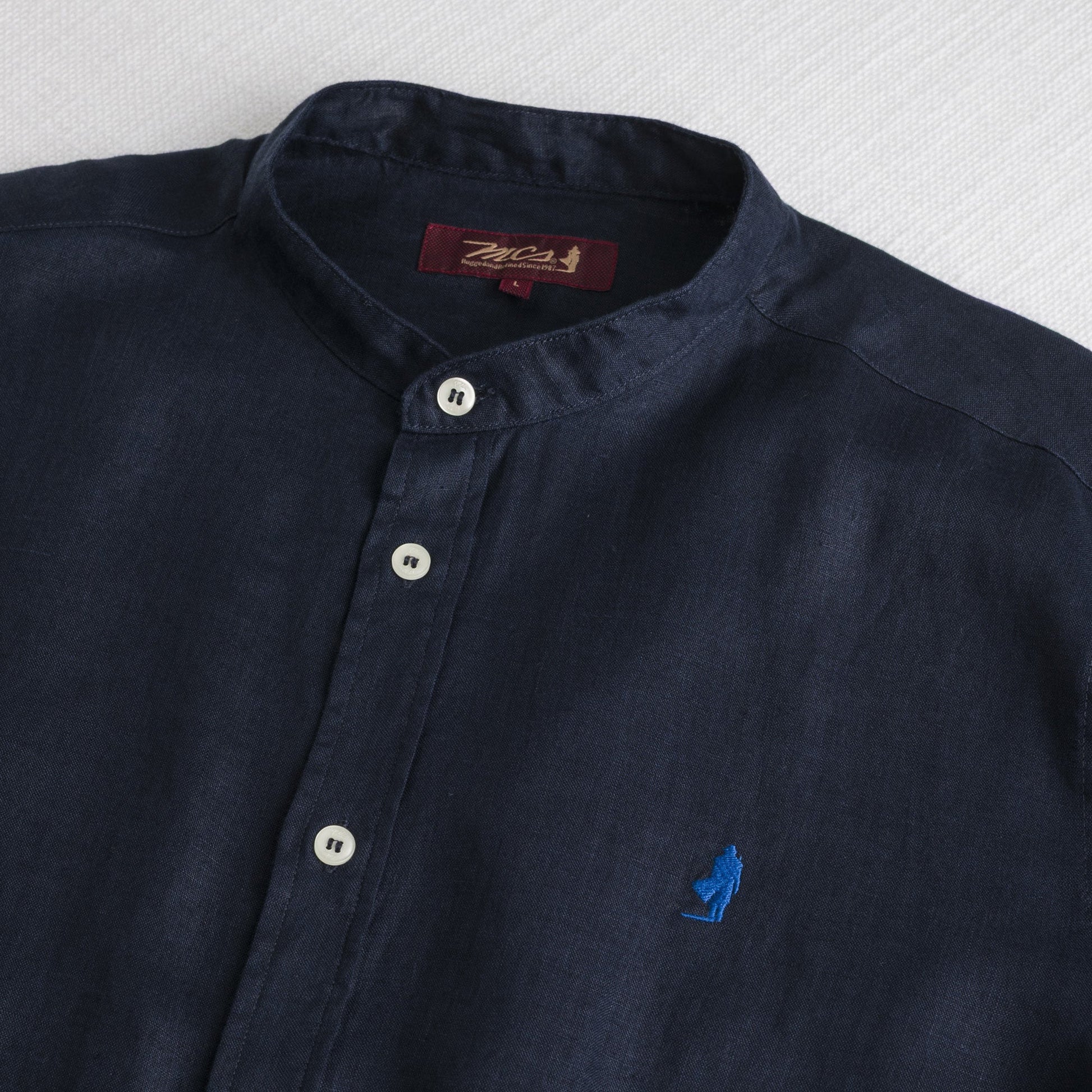 MCS Camicia 100% lino con collo alla coreana Blu