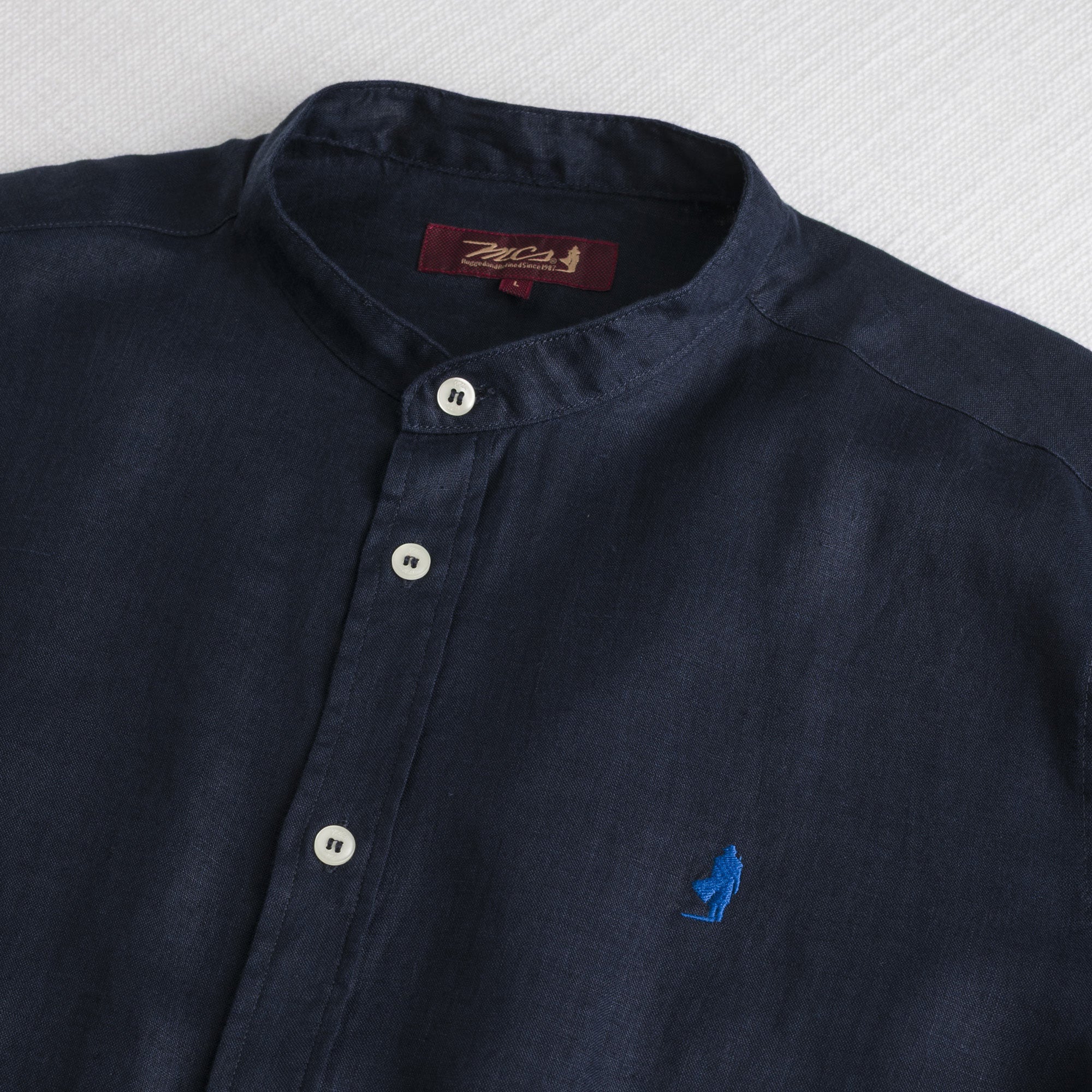 MCS Camicia 100% lino con collo alla coreana Blu