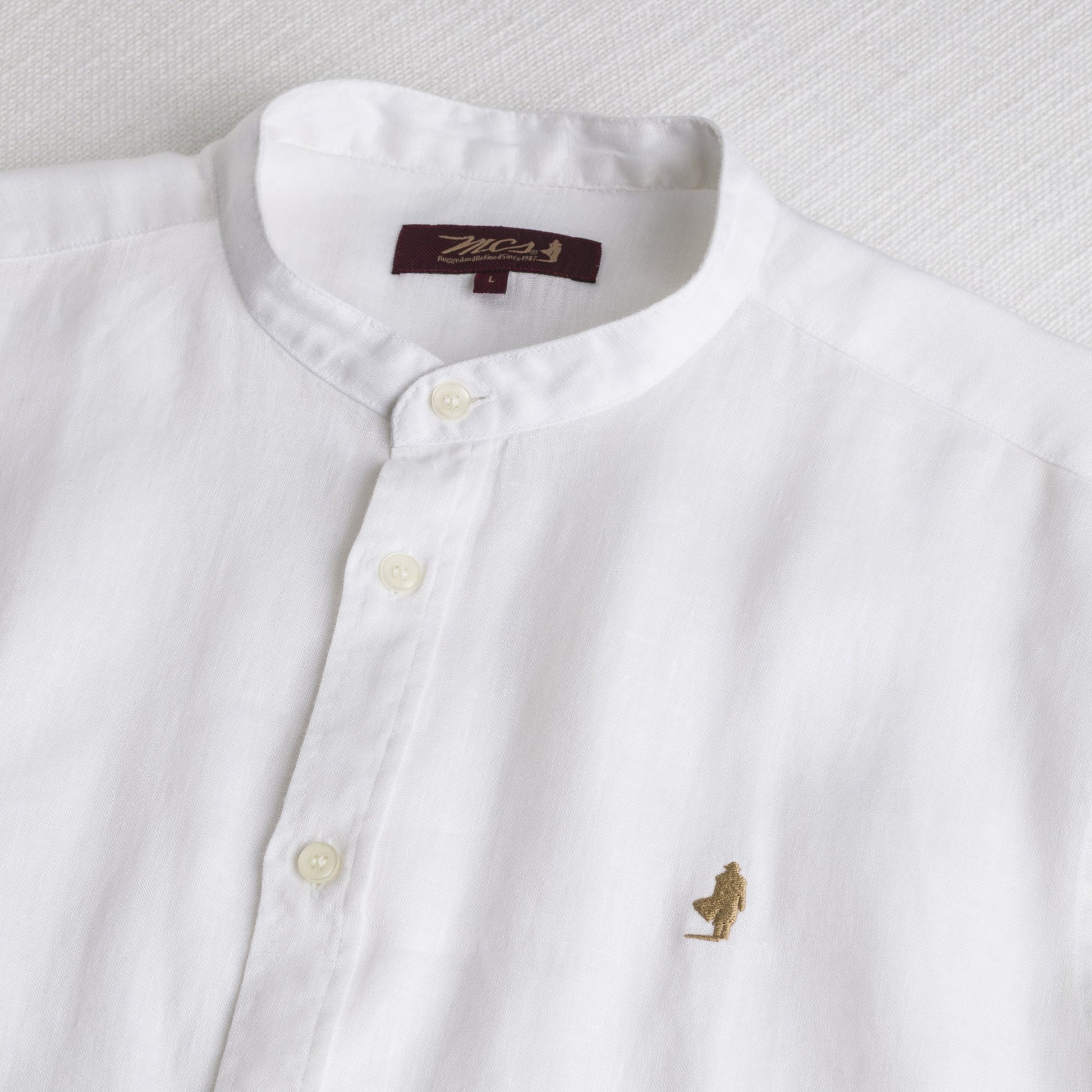 MCS Camicia 100% lino con collo alla coreana Bianco