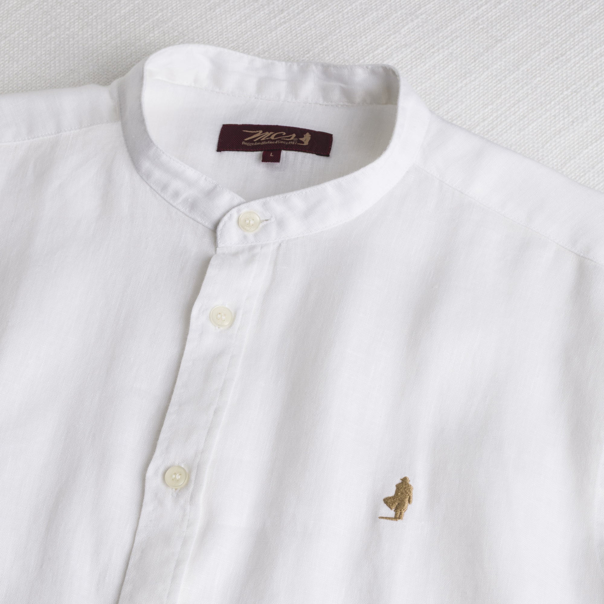 MCS Camicia 100% lino con collo alla coreana Bianco