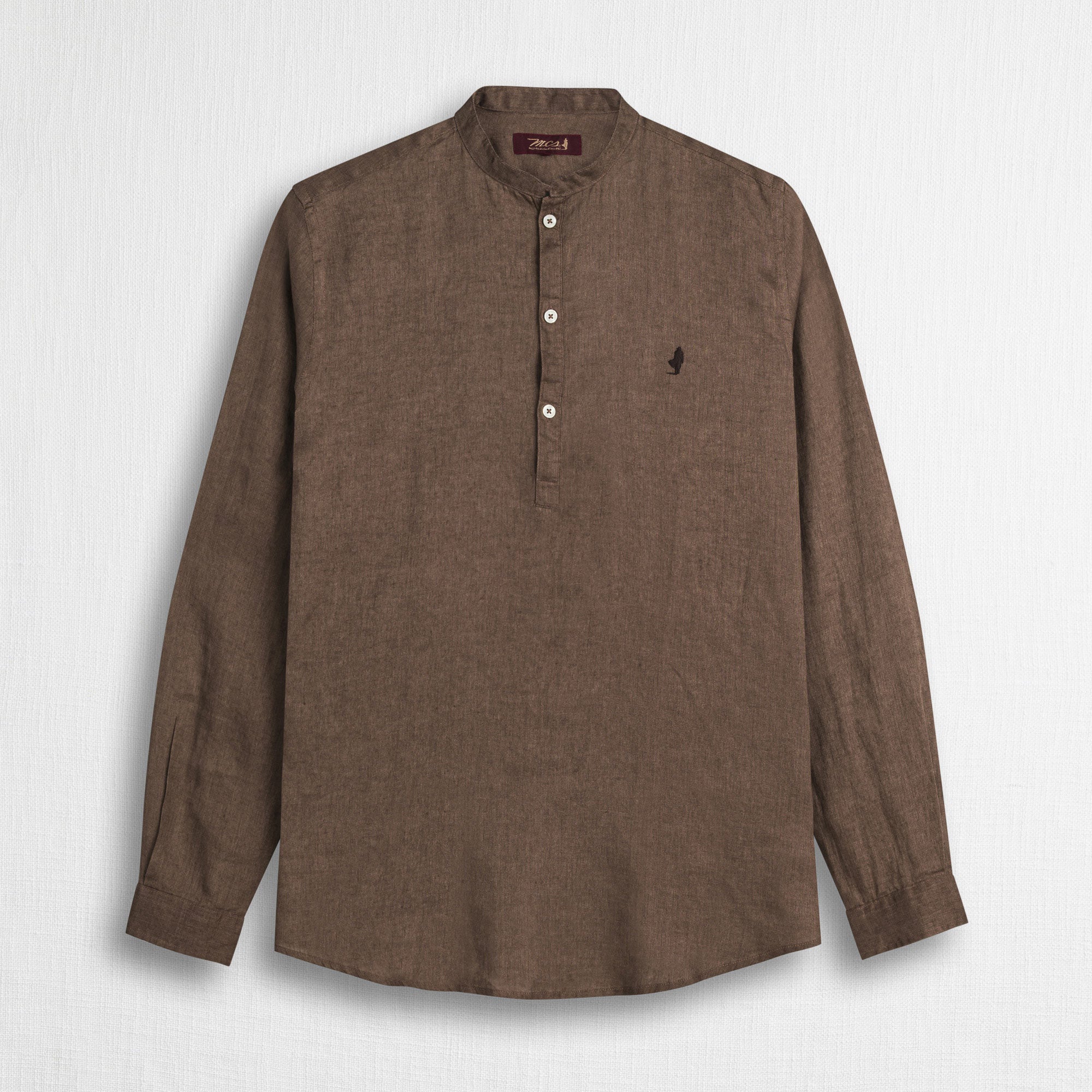 MCS Camicia 100% lino serafino con collo coreana Marrone