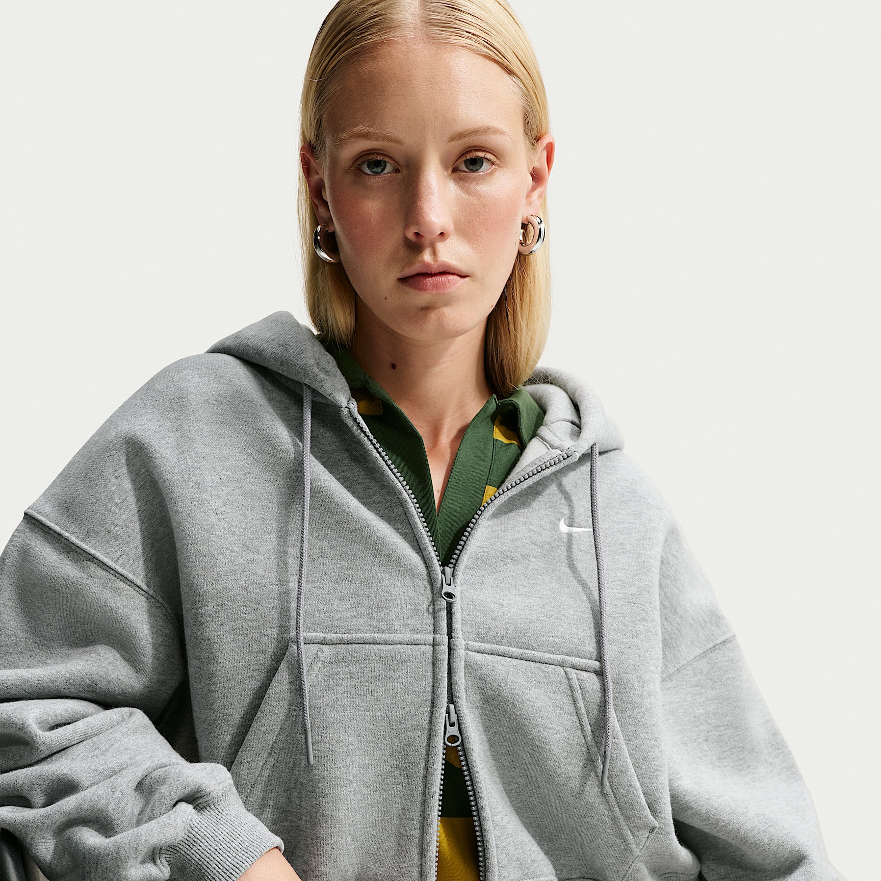 Felpa Studio Fleece Corta Oversize con Zip Intera - Grigio