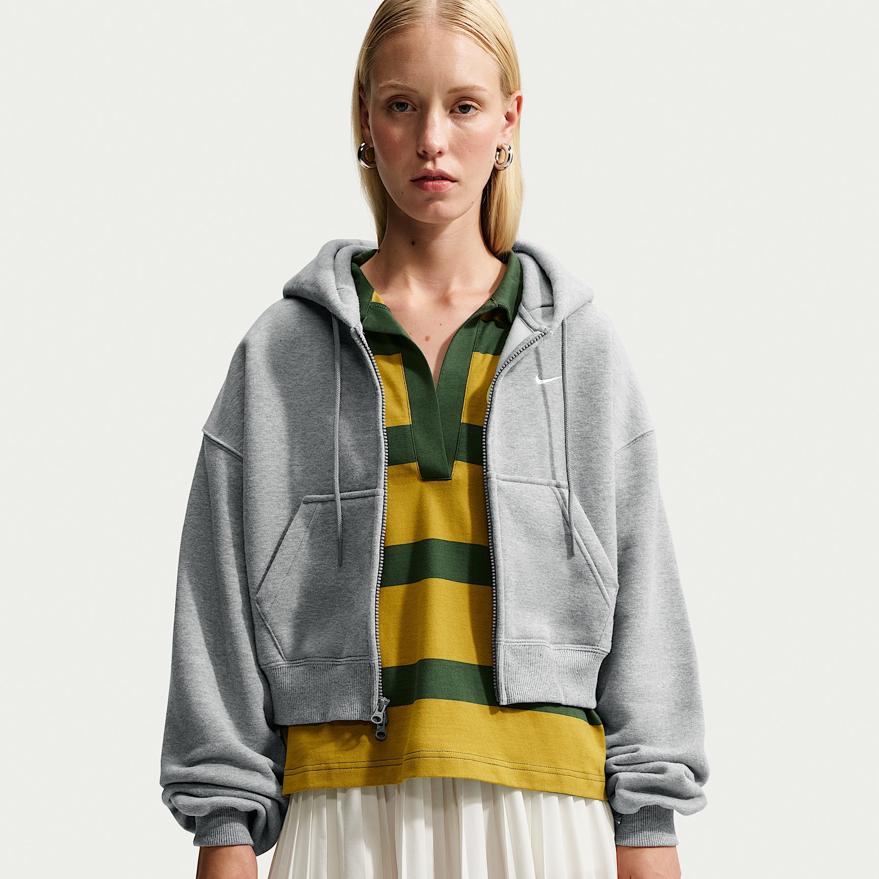 Felpa Studio Fleece Corta Oversize con Zip Intera - Grigio