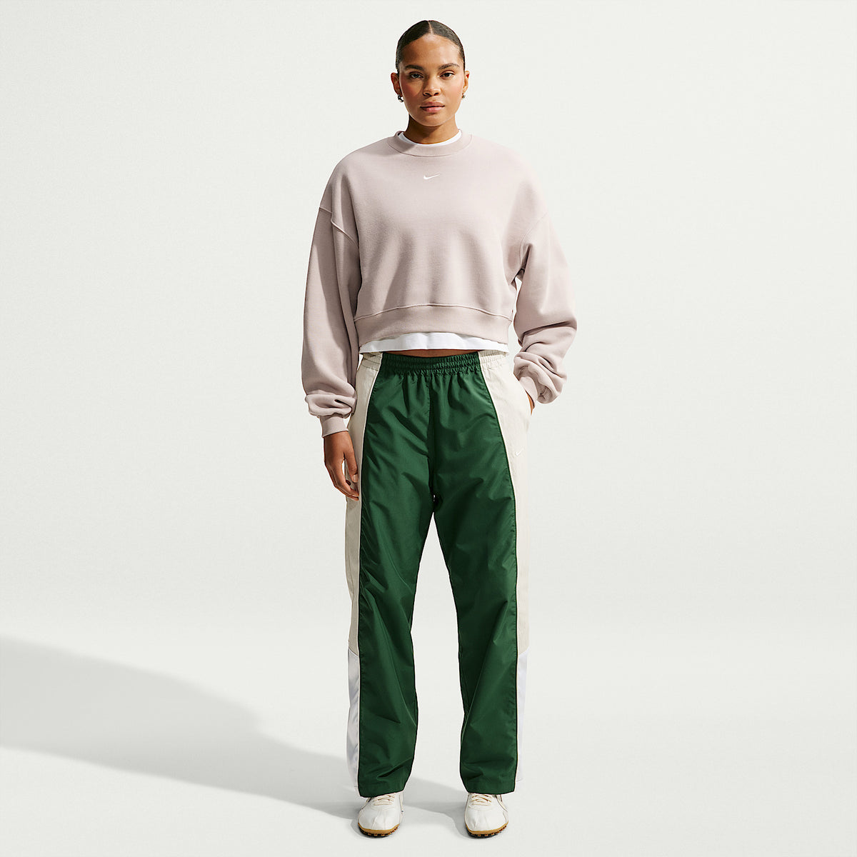 Felpa Studio Fleece Girocollo Corta Oversize - Beige