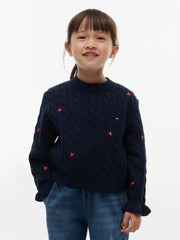 Maglia a Maniche Lunghe Cable Flower - Dark Night Navy